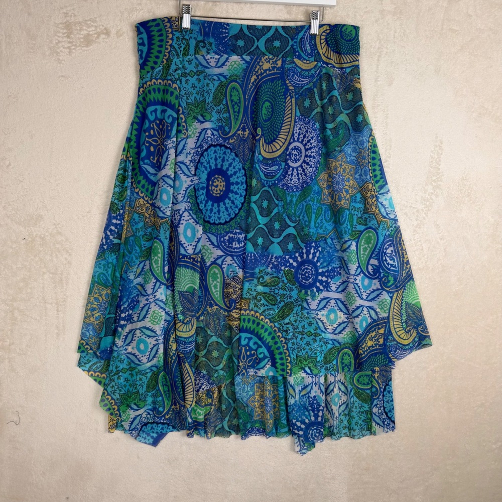 Chico's Blue Green Paisley Mesh Handkerchief Hem Pull On Midi Skirt Size XL - Picture 2 of 8